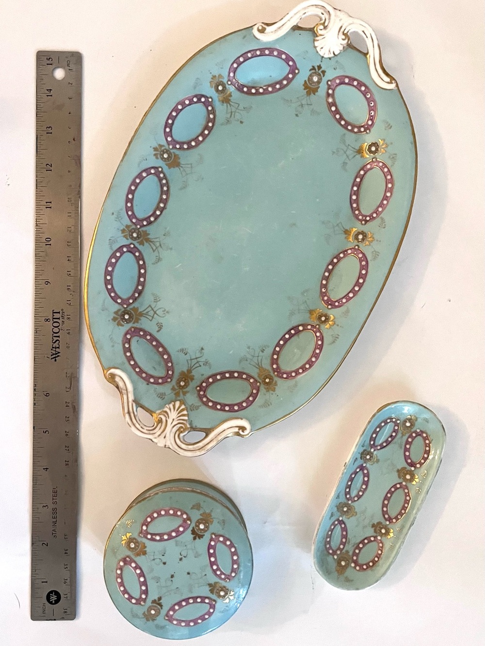 Vintage (1930s) Hand Painted Oval Porcelain Dresser Set w/Gilded Trim